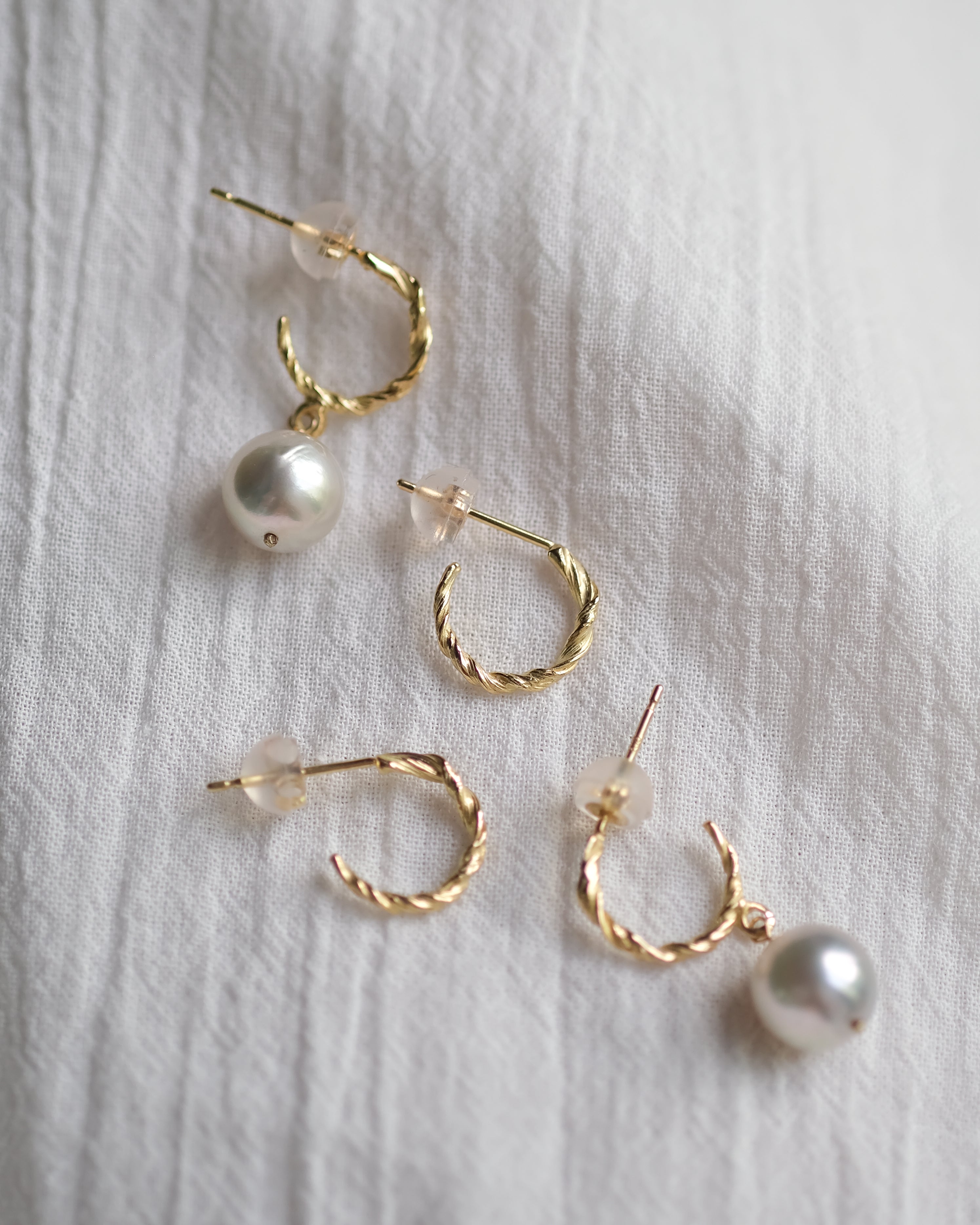 Twisted Texture Miniature Hoops with Akoya Pearls