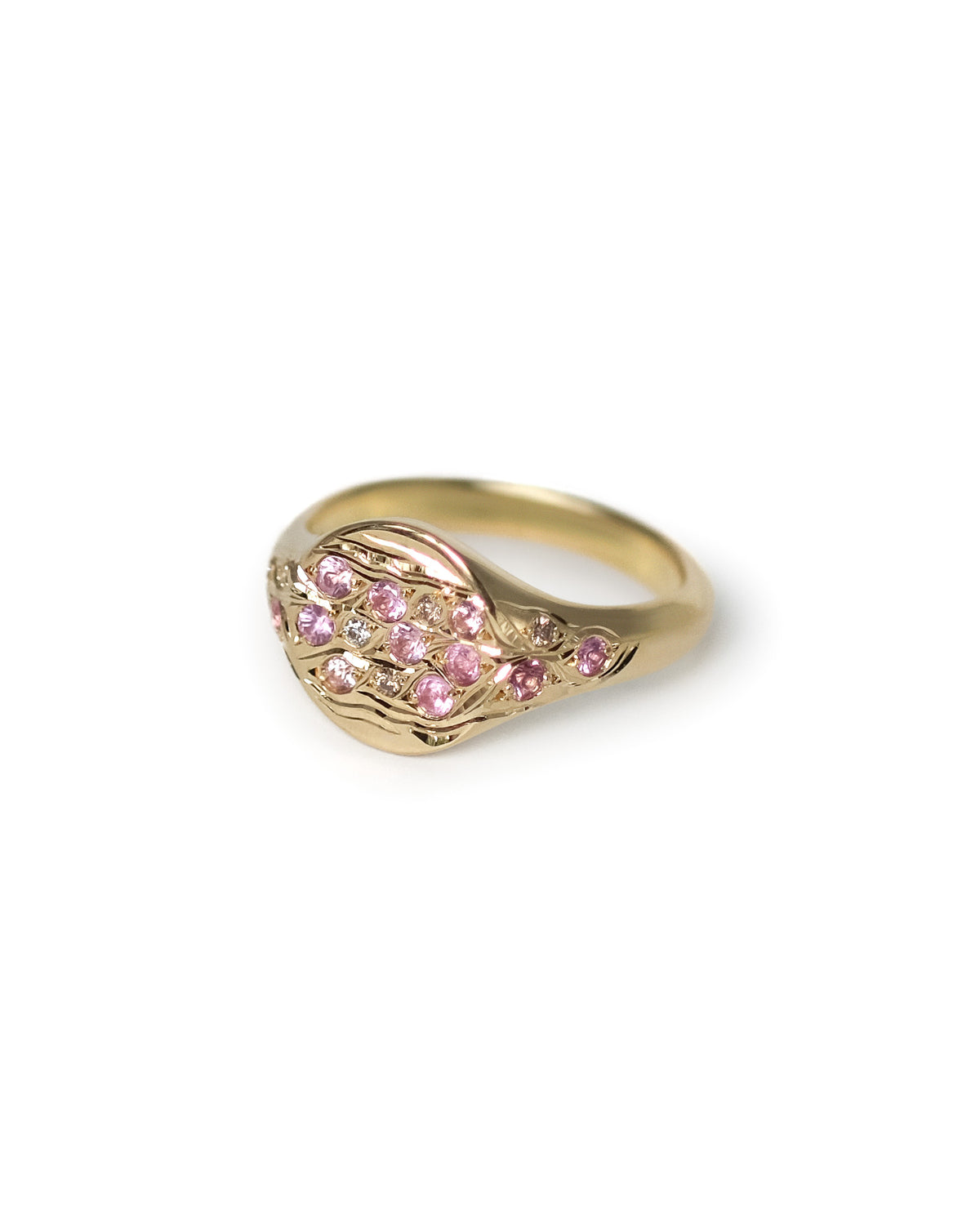 Fallen Petals Pinky Ring, pink sapphires with champagne and white diamonds across a hand-engraved 18k gold face.